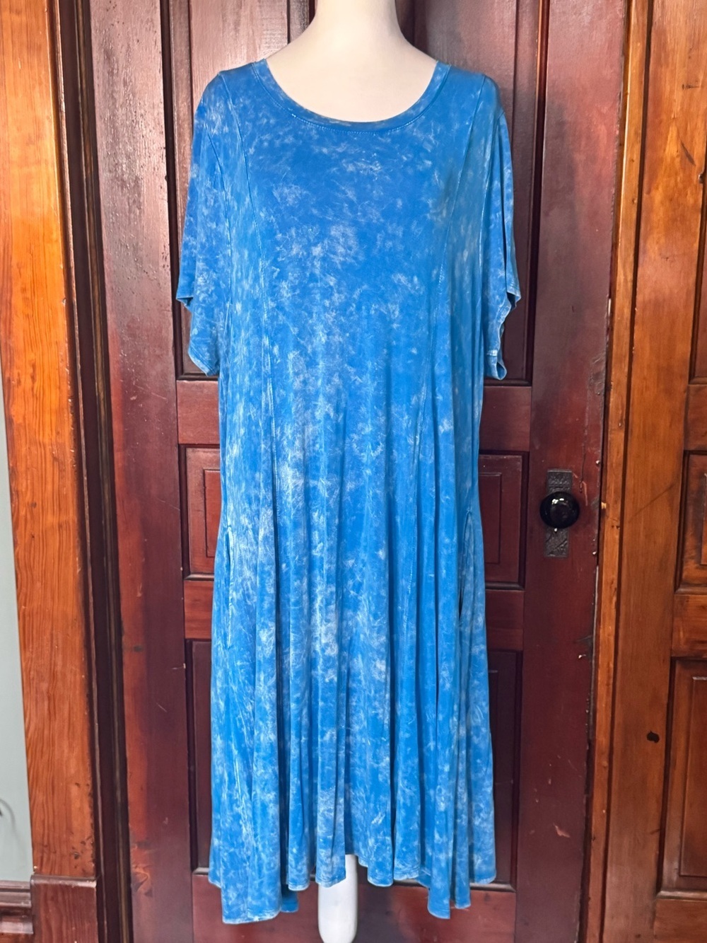 Torrid Super Soft Knit Distressed Blue and White Dress 2X Pockets and Flared